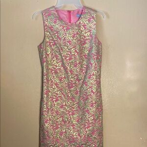 J. McLaughlin Pink and Gold Sheath Dress Sleeveless Crew Neck